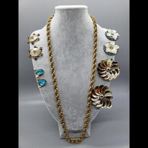 Vintage Costume Jewelery LOT Gold Chain; Aqua, Pearl, Flower, Rhinestone Earring